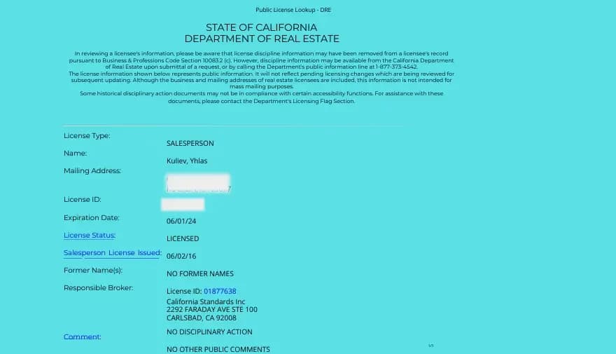 California Department of Real Estate License verification for YK Kuliev DRE #02006033 - licensed real estate professional