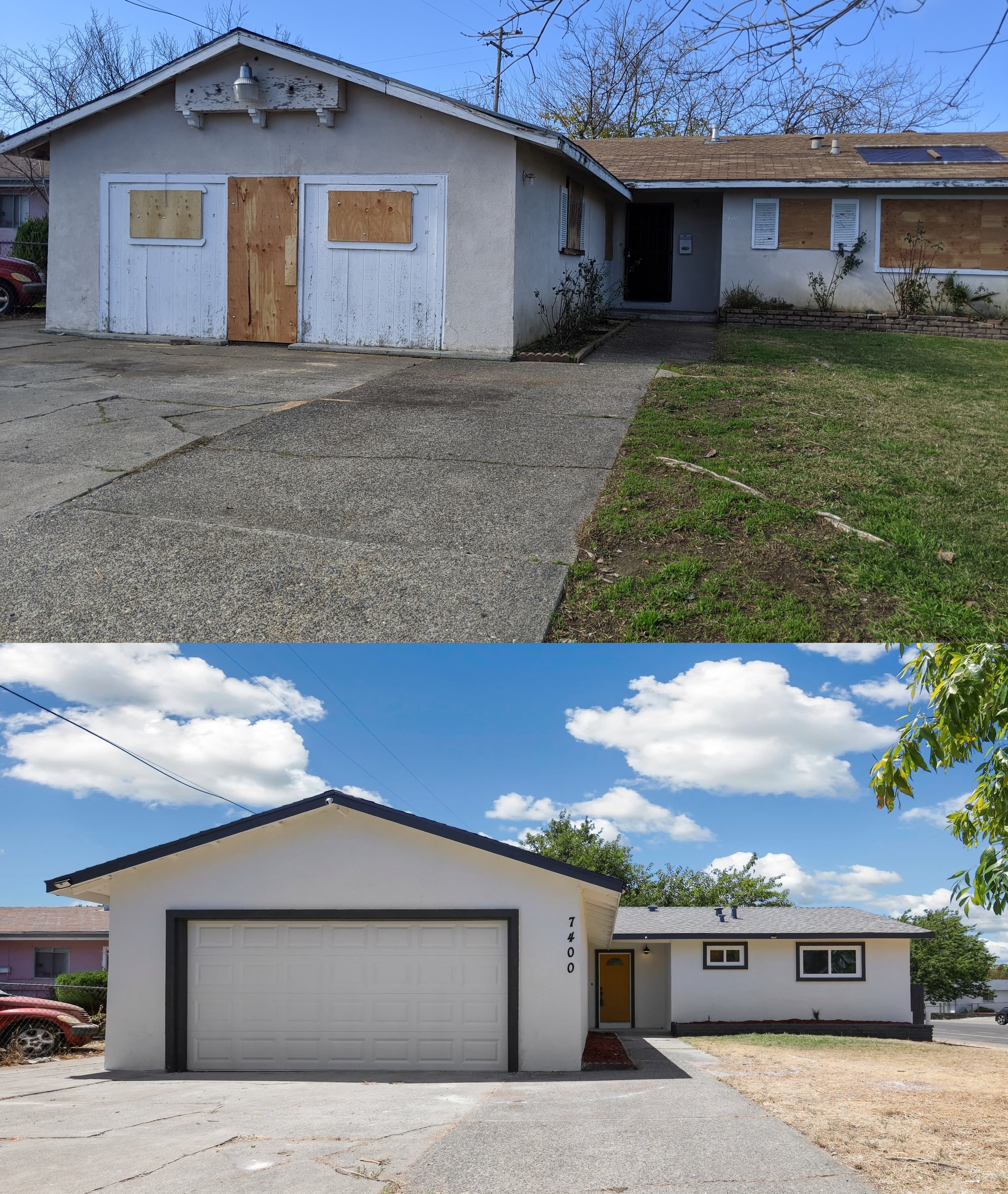 California house exterior before and after cash purchase renovation - boarded windows transformed to modern curb appeal